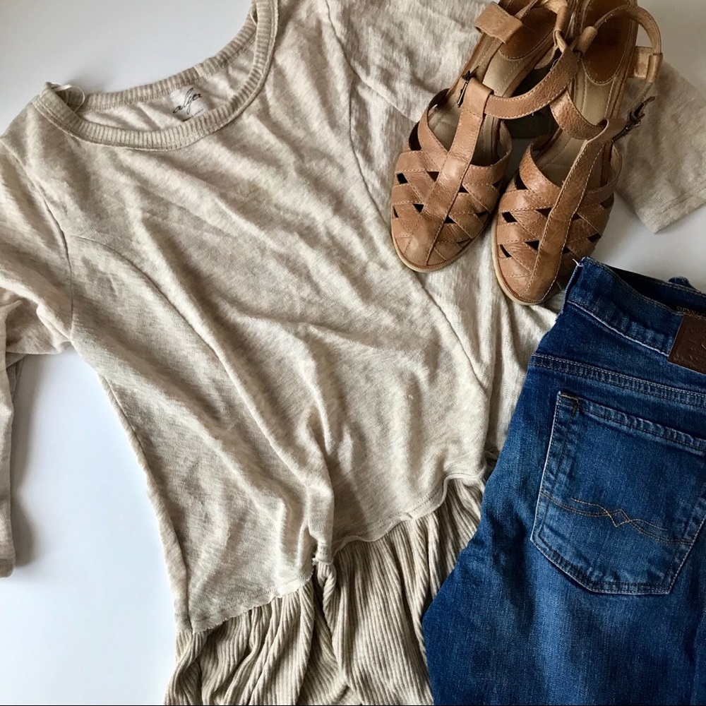 Alya Ruffle Raw Hem 3/4 Sleeve Beige Top Size M